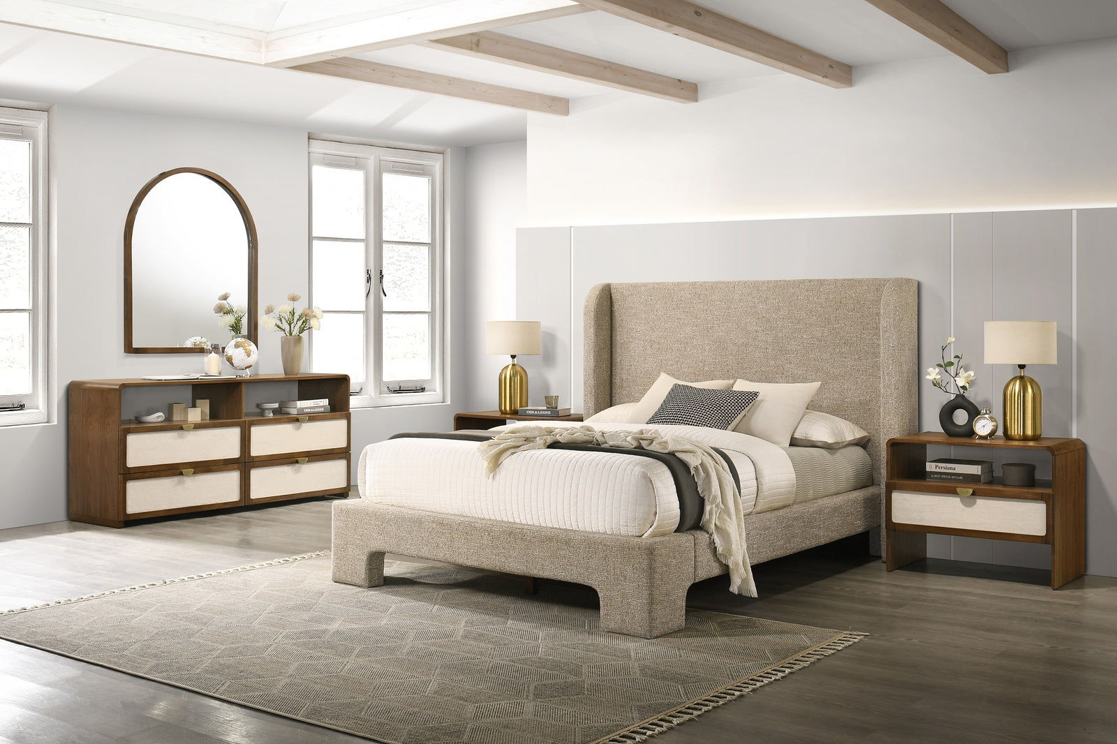 Eastern King Modrest Emilio - Modern Beige Fabric  Burlap  Walnut 4-Piece Bedroom Set