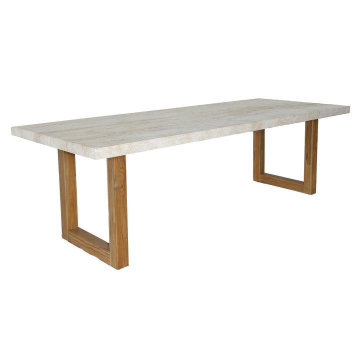 Cascais - Outdoor Grey + Faux Travertine + Eucalyptus Dining Table Set