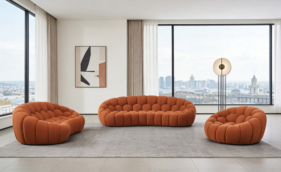 Yolonda - Modern Curved Orange Fabric Sofa Set