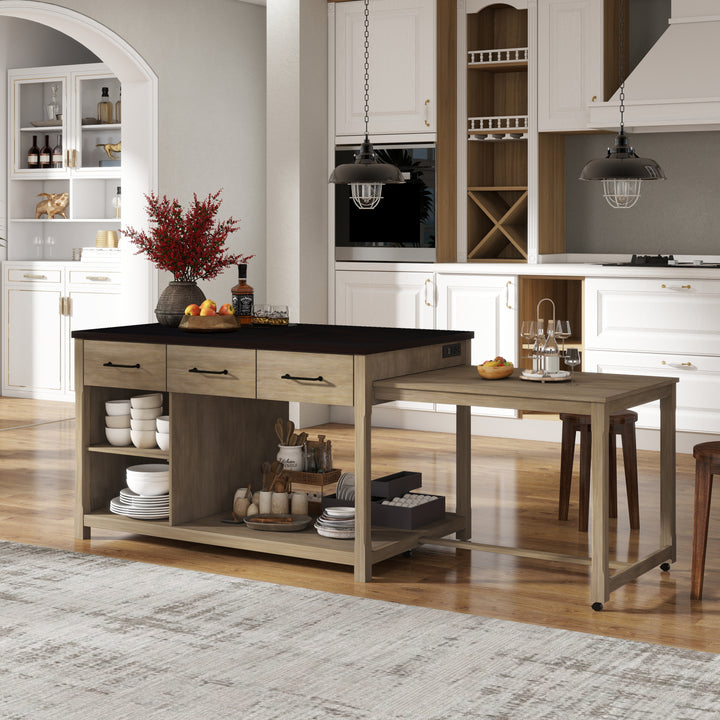 Retro Kitchen Island on Wheels with Drawers and Open Shelves for Kitchen