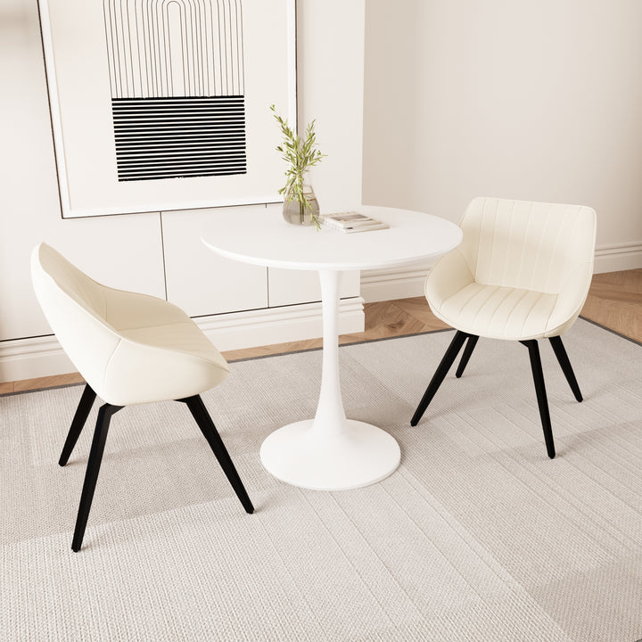 Mid-Century Modern 3-Piece Round Tulip Dining Table Set with White Table &amp; Beige Vegan Leather