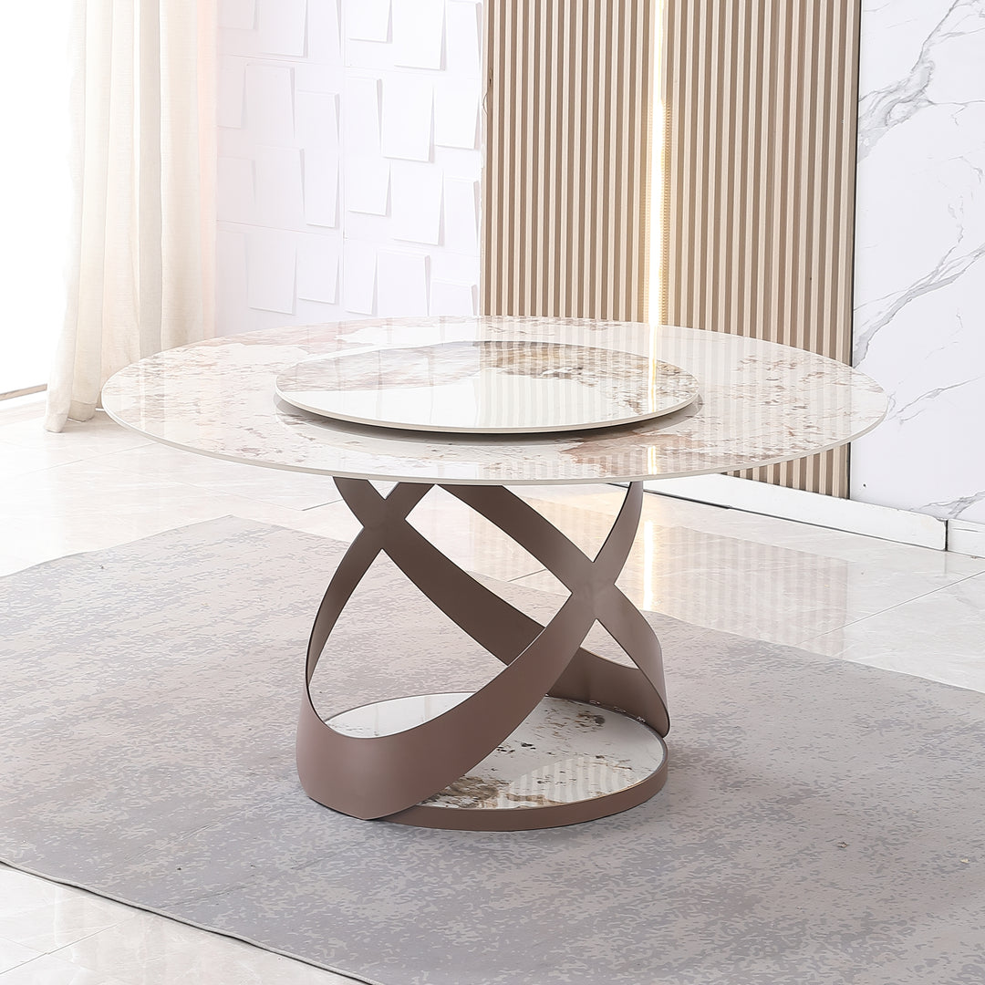 59″ Sintered Stone Round Dining Table with Lazy Susan & Metal Pedestal