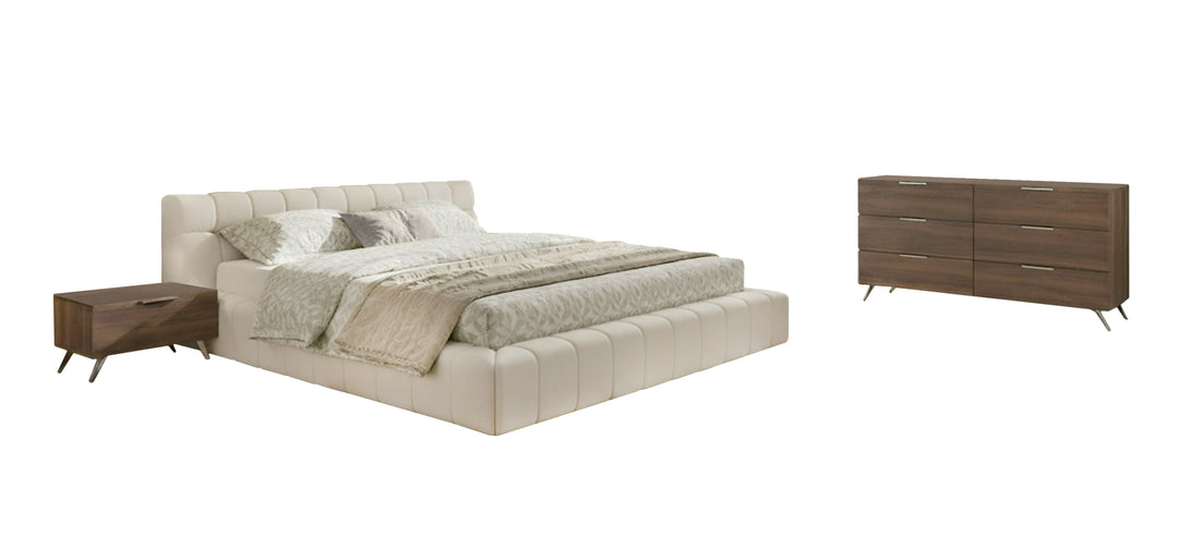 Tyree + Brooklyn - Modern Off-White Fabric + Walnut 4-Piece Bedroom Set