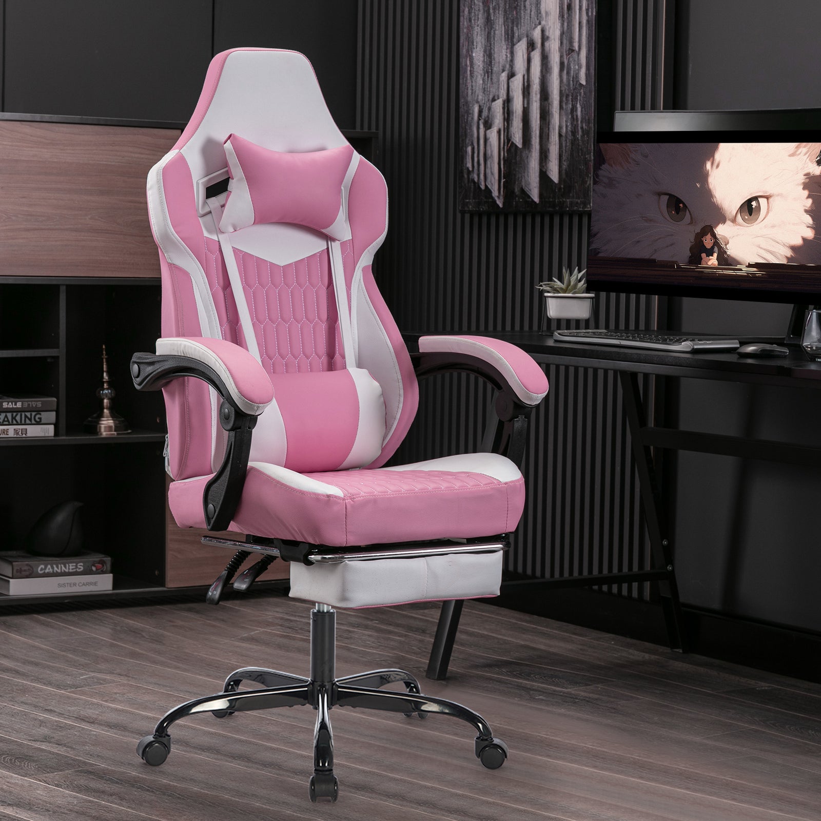 Gaming Chair with Footrest, High-Back PVC Leather Ergonomic Gamer Chair (Pink)