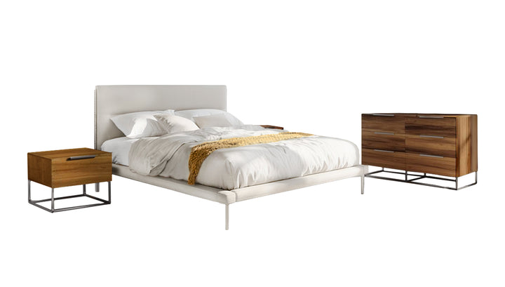Bergeron + Lorenzo - Contemporary Cream Fabric + Light Oak 4-Piece Bedroom Set