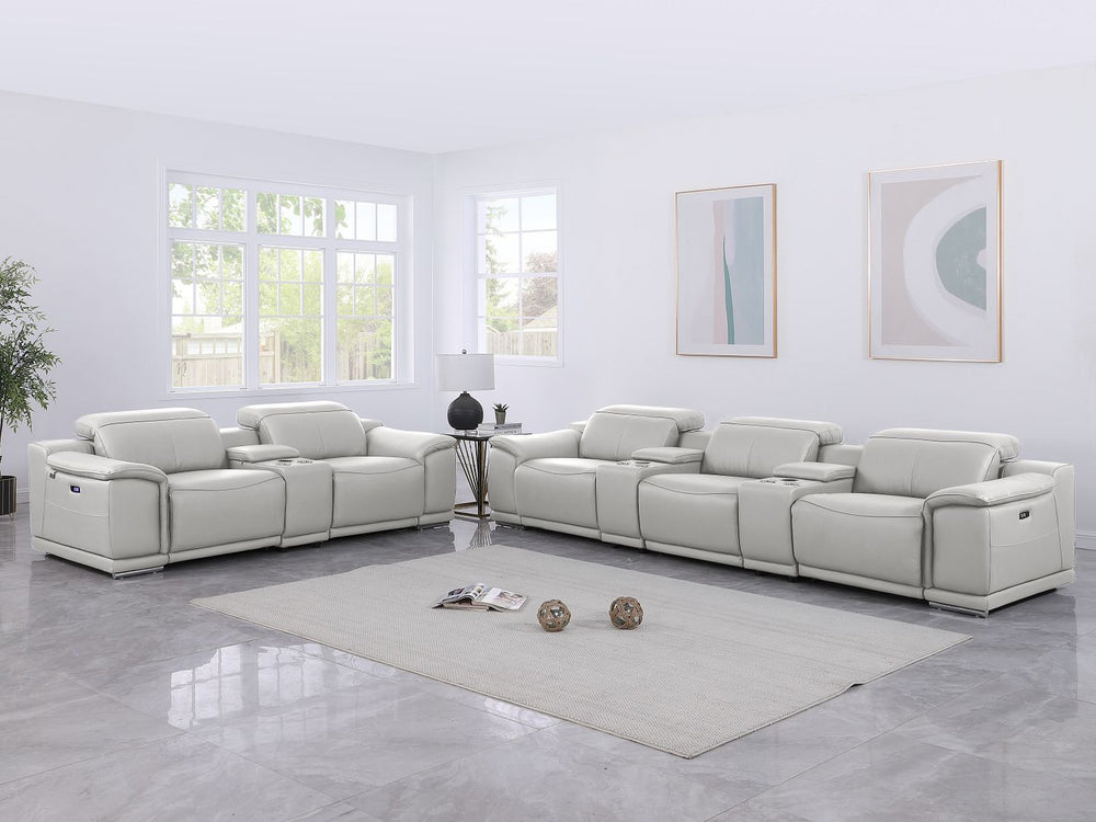 DivanItalia 9762 8-Piece Modular Power Reclining Sofa and Console Loveseat Set with Top Grain Italian Leather - Light Gray