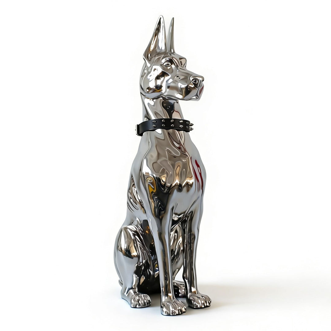 Doberman Dog - Silver Fiberglass Sculpture