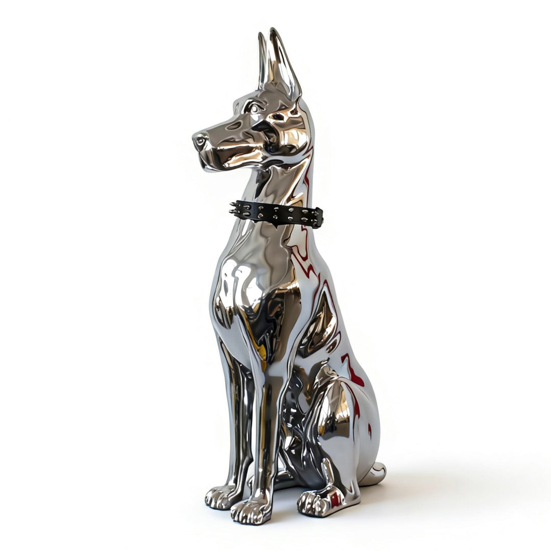 Doberman Dog - Silver Fiberglass Sculpture