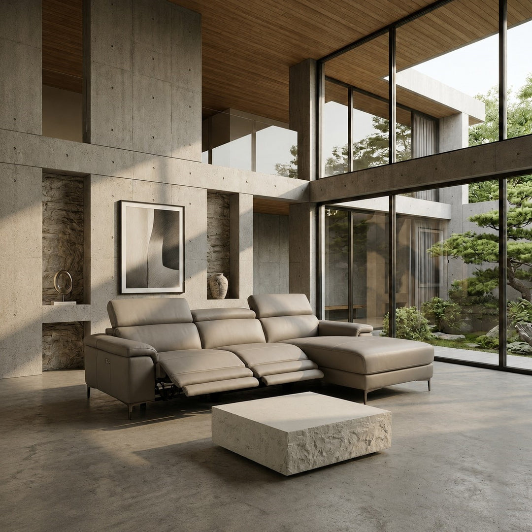 Meidas - Modern Light Grey Leather Sectional Sofa + 2 Recliners - Right Facing Chaise