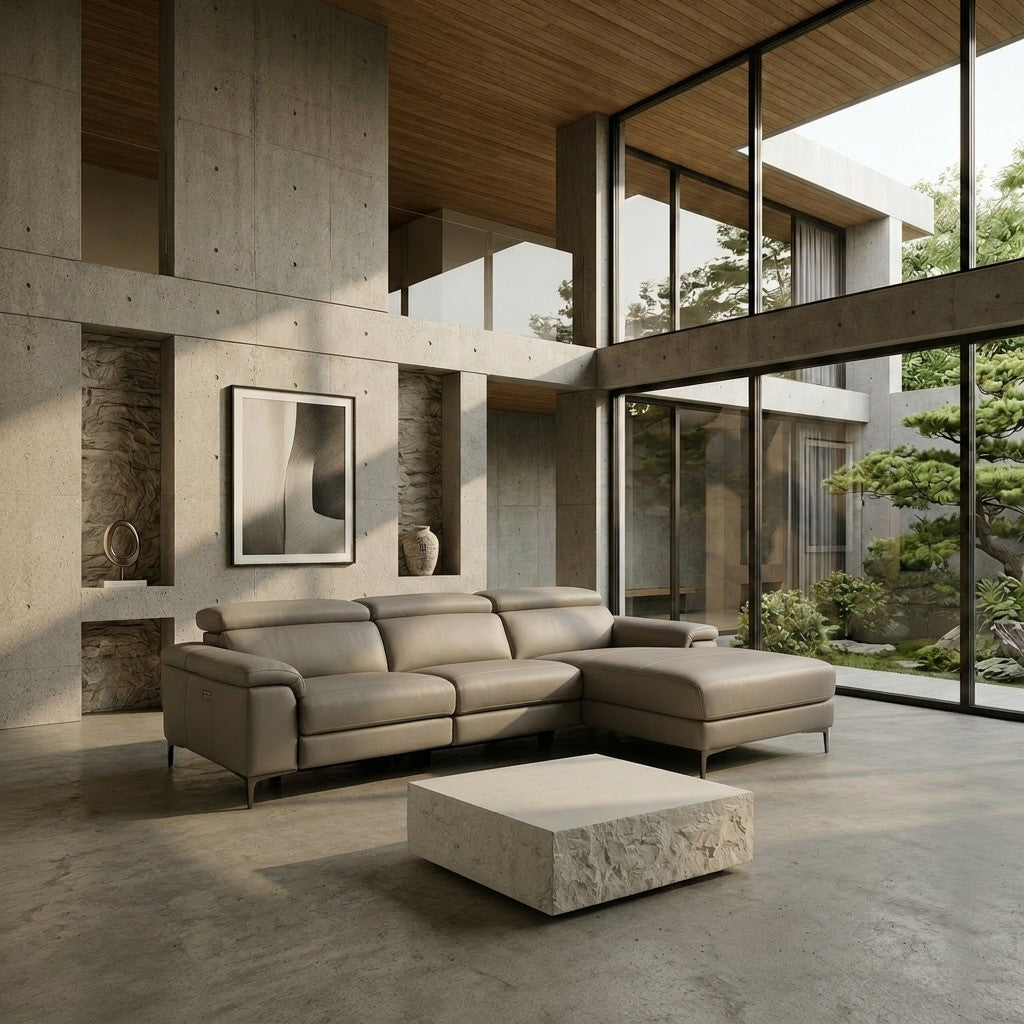 Meidas - Modern Light Grey Leather Sectional Sofa + 2 Recliners - Right Facing Chaise