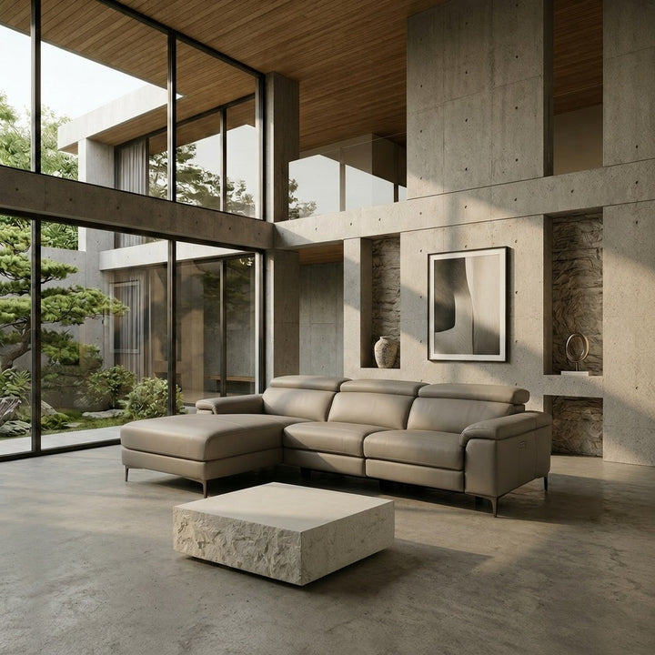 Meidas - Modern Light Grey Leather Sectional Sofa + 2 Recliners - Left Facing Chaise