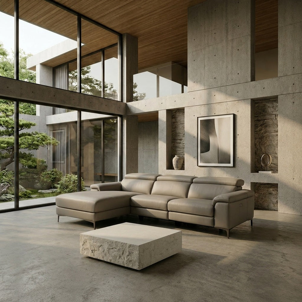 Meidas - Modern Light Grey Leather Sectional Sofa + 2 Recliners - Left Facing Chaise - View 2