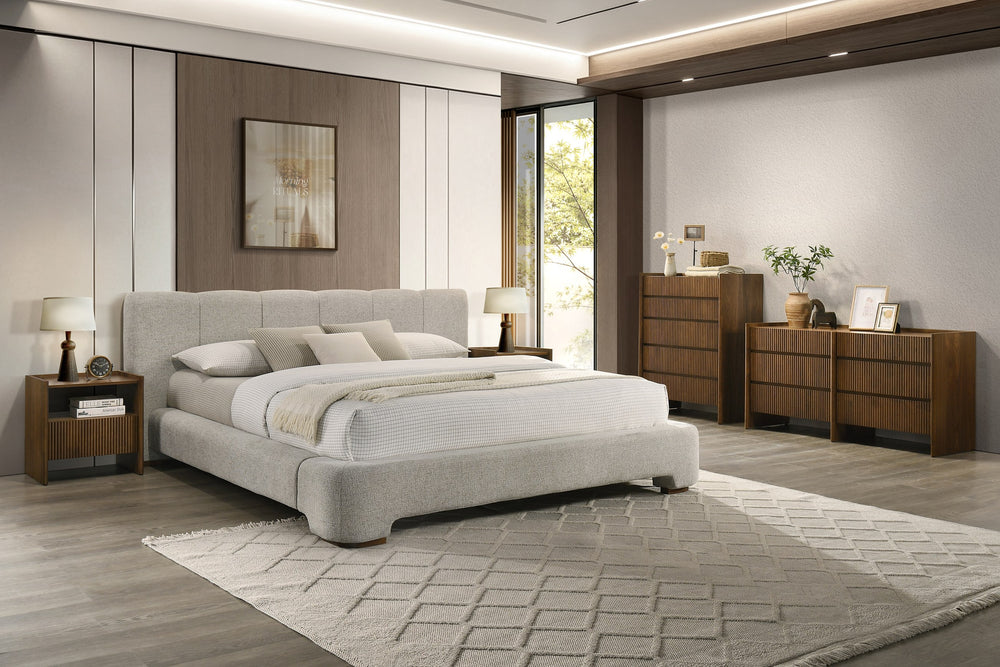 Queen Reveal - Modern Beige Fabric + Walnut 4-Piece Bedroom Set