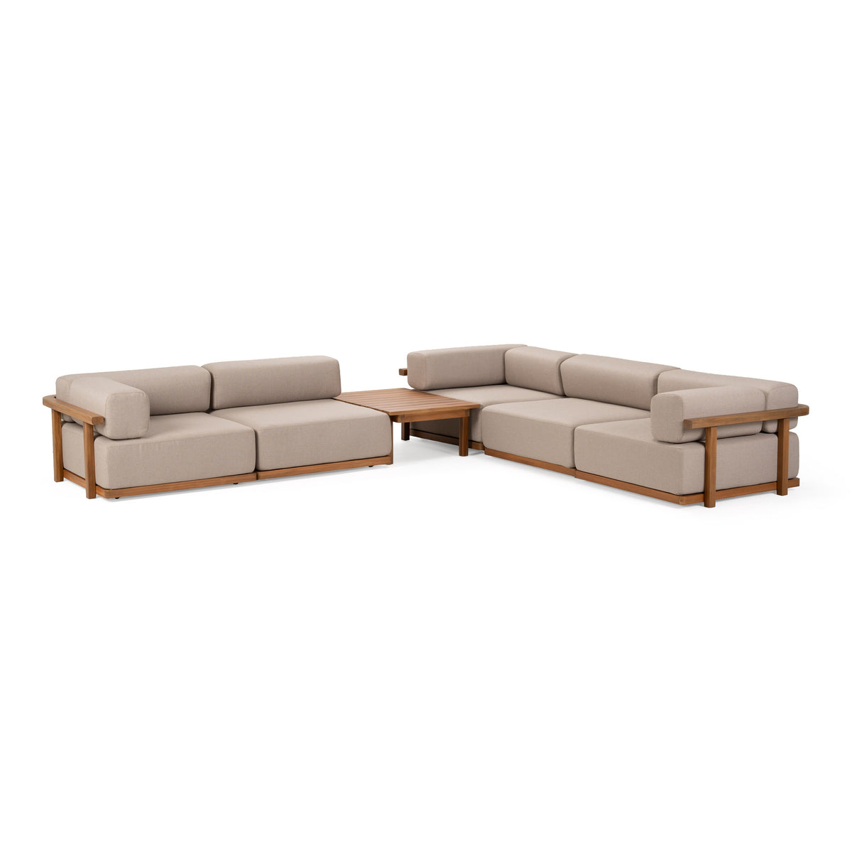 Saint Croix - Outdoor Light Brown Olefin Fabric + Teak 6-Piece Modular Sofa Set