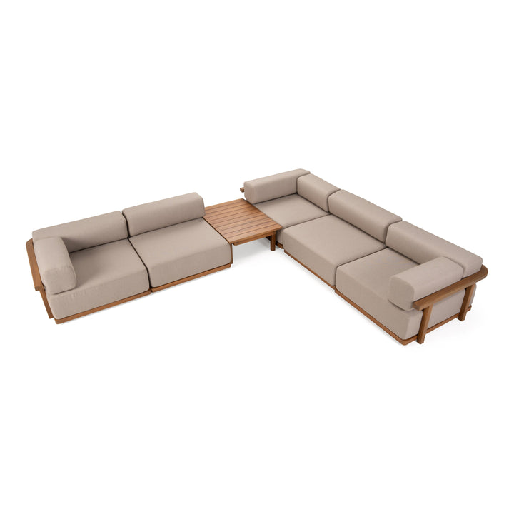Saint Croix - Outdoor Light Brown Olefin Fabric + Teak 6-Piece Modular Sofa Set