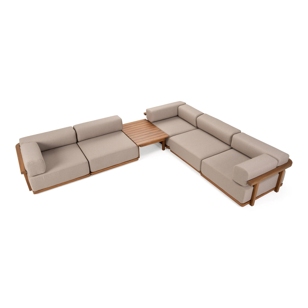 Saint Croix - Outdoor Light Brown Olefin Fabric + Teak 6-Piece Modular Sofa Set