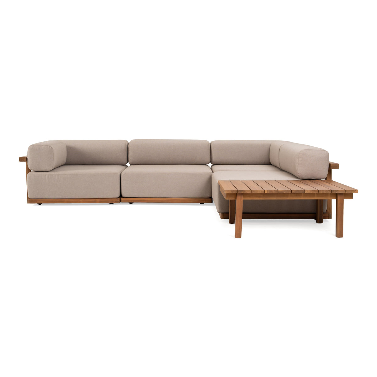 Saint Croix - Outdoor Light Brown Olefin Fabric + Teak 5-Piece Modular Sofa Set