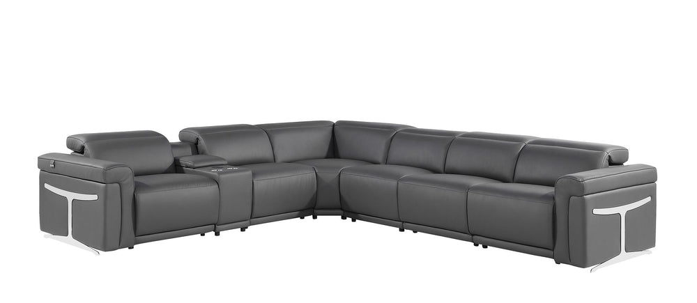 DivanItalia 1126 7-Piece L-Shaped Sectional Sofa in Top Grain Italian Leather with 4 Power Recliners & Power Headrests - Dark Gray