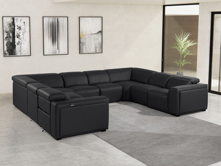 DivanItalia 1224 8-Piece U-Shaped Sectional Sofa in Top Grain Italian Leather with 4 Power Recliners &amp; Power Headrests – No Console - Black