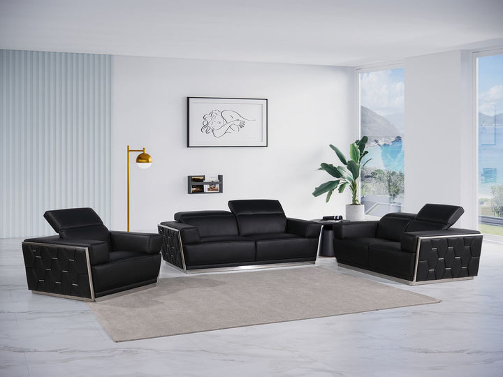 DivanItalia 1111 3-Piece Sofa Set with Adjustable Headrest in Top-Grain Italian Leather - Black