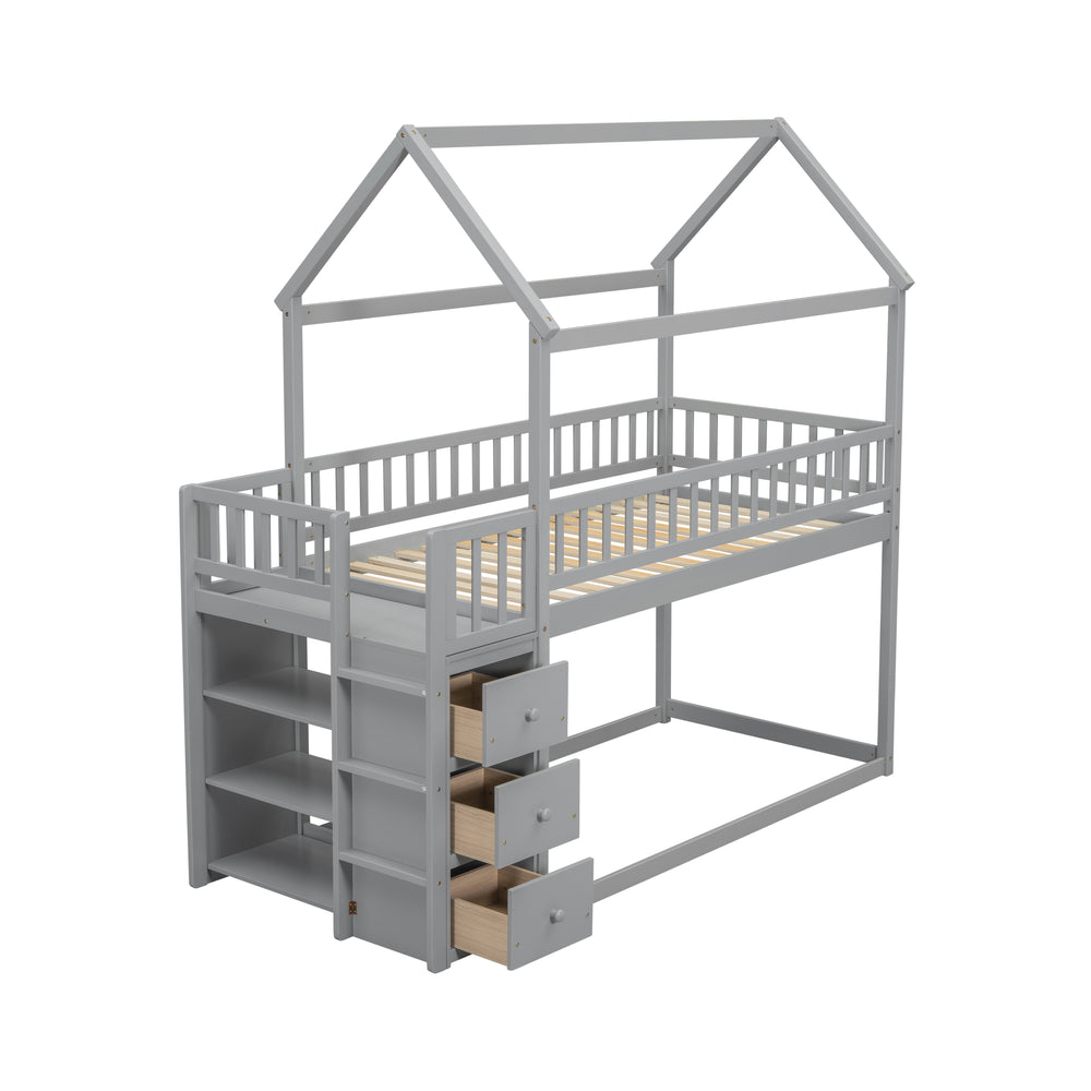 twin-twin-house-bunk-bed-with-shelves-and-drawers-grey-color