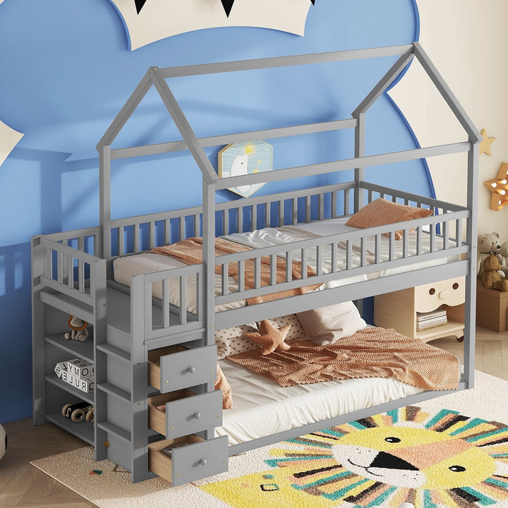 twin-twin-house-bunk-bed-with-shelves-and-drawers-grey-color
