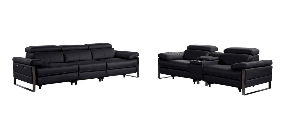 DivanItalia 1246 Modular Power Triple Reclining Sofa and Console Loveseat Set with Power Headrests – Top Grain Italian Leather - Black