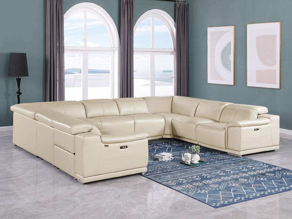 DivanItalia 9762 8-Piece U Shaped Top Grain Italian Leather Sectional Sofa with 4 Power Recliners – No Console - Beige