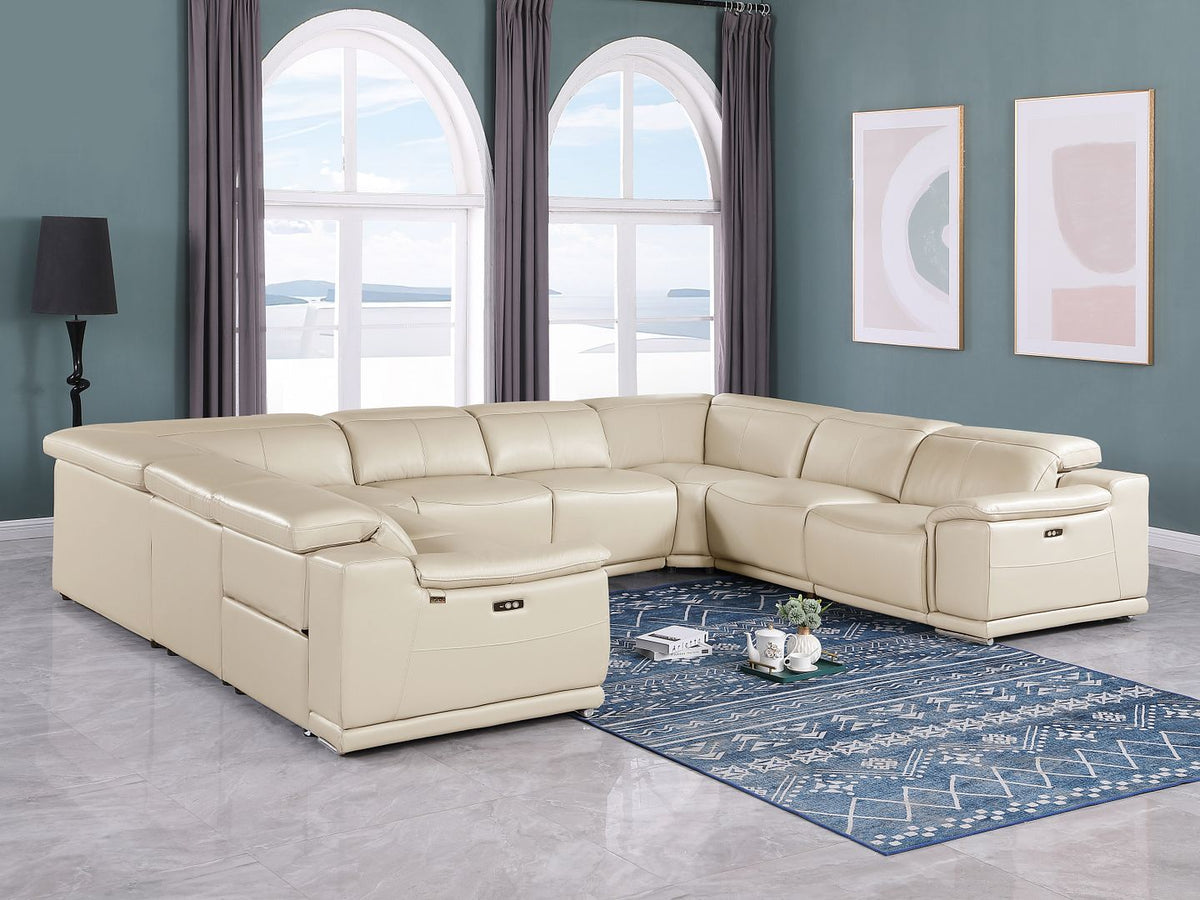 DivanItalia 9762 8-Piece U Shaped Top Grain Italian Leather Sectional Sofa with 4 Power Recliners – No Console - Beige