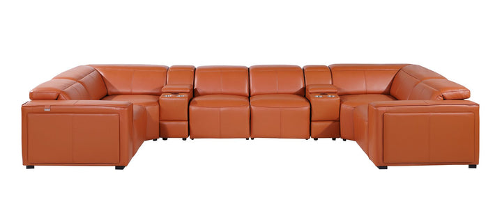 DivanItalia 1224 8-Piece U-Shaped Sectional Sofa in Top Grain Italian Leather with 4 Power Recliners &amp; Power Headrests – with Console - Camel