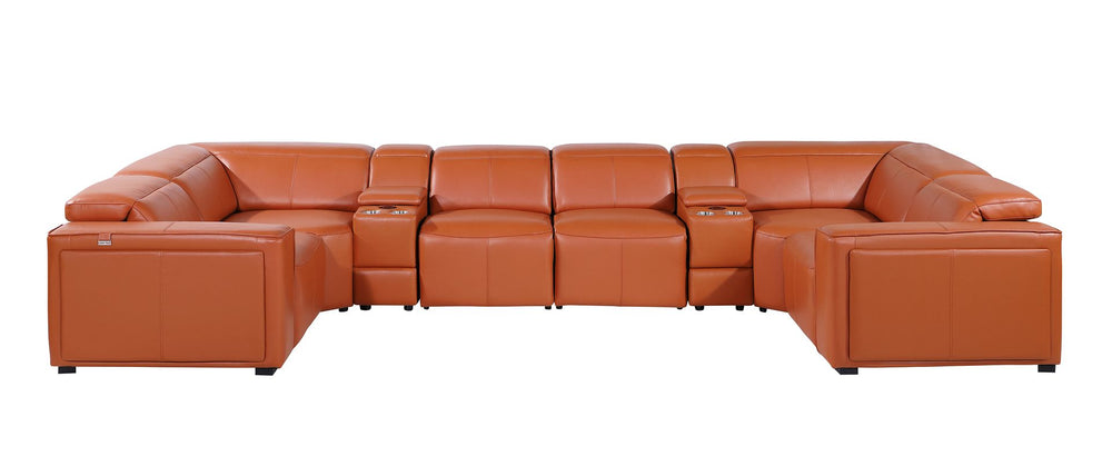 DivanItalia 1224 8-Piece U-Shaped Sectional Sofa in Top Grain Italian Leather with 4 Power Recliners & Power Headrests – with Console - Camel