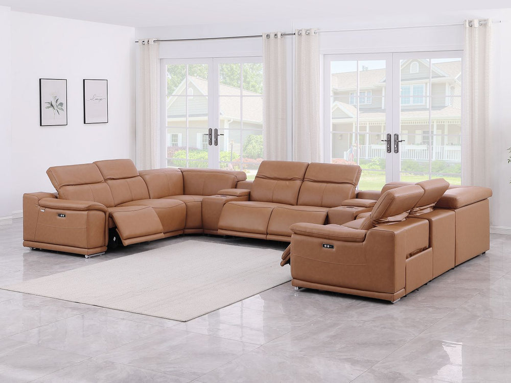 DivanItalia 9762 10-Piece U Shaped Top Grain Italian Leather Sectional Sofa with 4 Power Recliners - Cognac