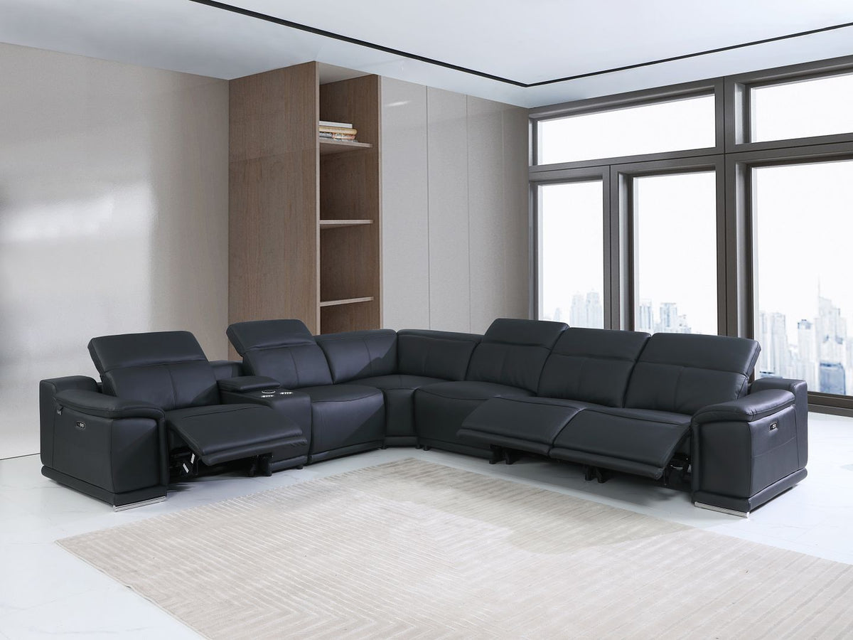 DivanItalia 9762 7-Piece L Shaped Top Grain Italian Leather Sectional Sofa with 3 Power Recliners - Black