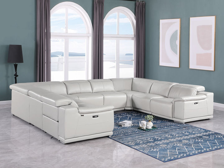 DivanItalia 9762 8-Piece U Shaped Top Grain Italian Leather Sectional Sofa with 4 Power Recliners – No Console - Light Gray