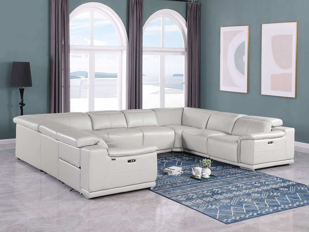 DivanItalia 9762 8-Piece U Shaped Top Grain Italian Leather Sectional Sofa with 4 Power Recliners – No Console - Light Gray