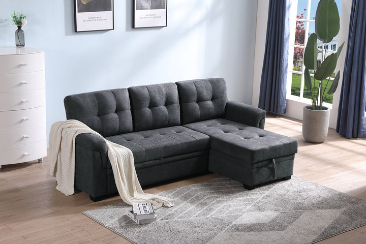 Lucca 84"W Dark Gray Fabric Reversible Sectional Sleeper Sofa Chaise with Storage - View 2