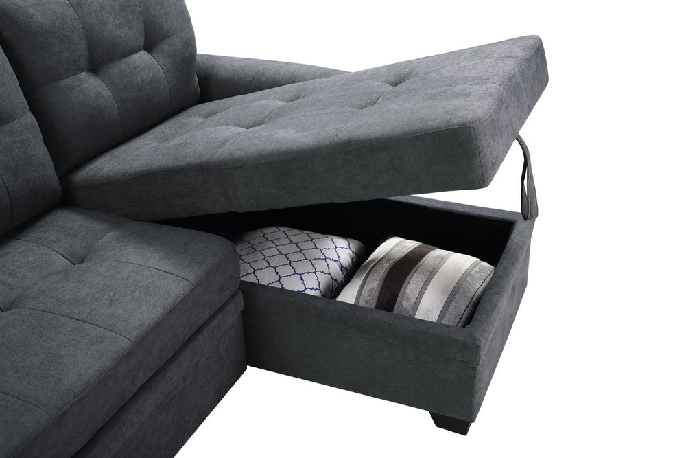 Lucca 84"W Dark Gray Fabric Reversible Sectional Sleeper Sofa Chaise with Storage - View 4
