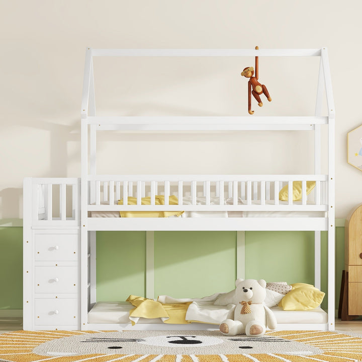 twin-twin-house-bunk-bed-with-shelves-and-drawers-white-color