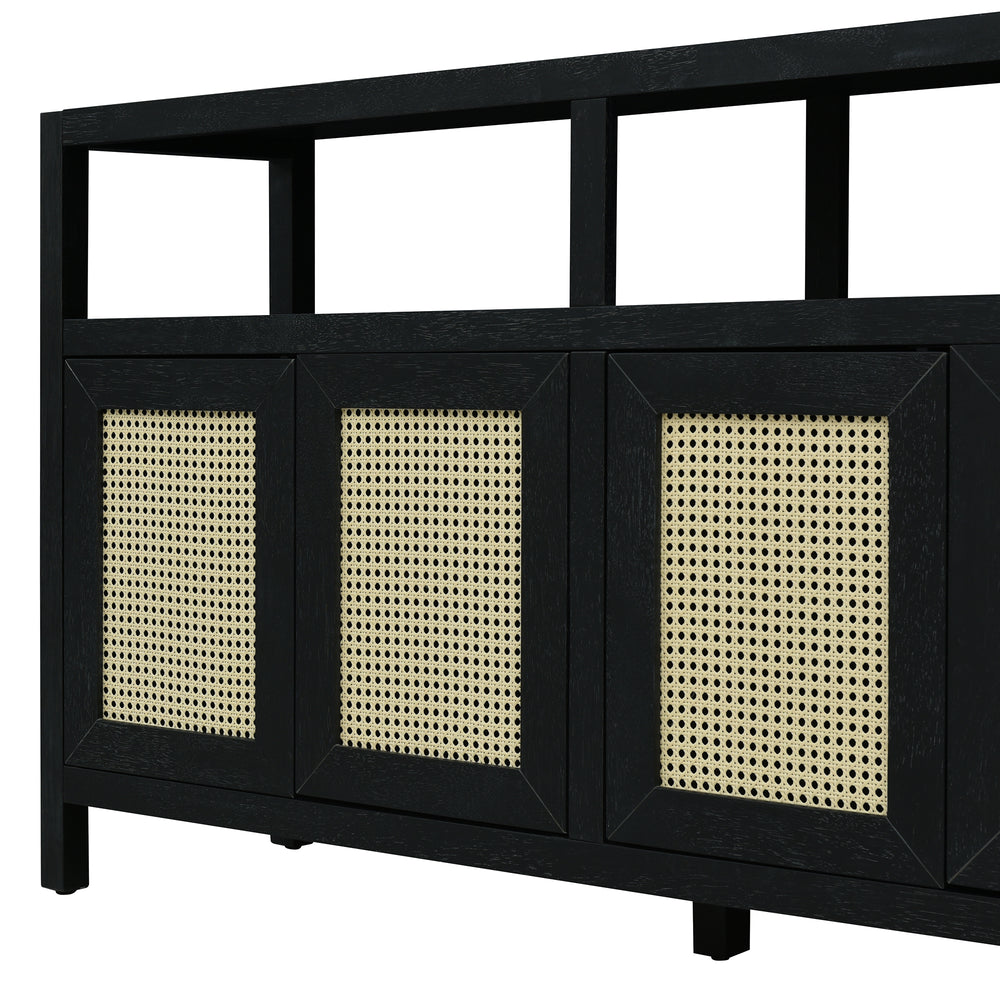 bohemian-style-rattan-sideboard-or-buffet-storage-cabinet-with-solid-wood-frame-black