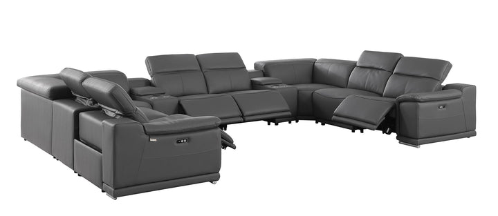 DivanItalia 9762 10-Piece U Shaped Top Grain Italian Leather Sectional Sofa with 4 Power Recliners - Dark Gray