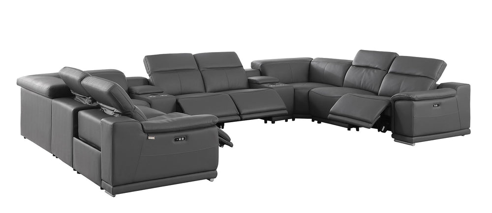 DivanItalia 9762 10-Piece U Shaped Top Grain Italian Leather Sectional Sofa with 4 Power Recliners - Dark Gray