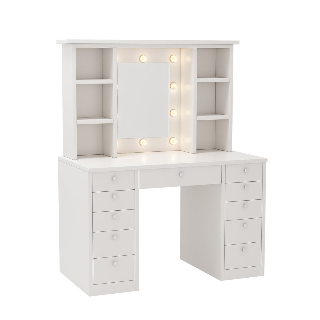 Make up Vanity Desk with LED Lighted Mirror,  11 Drawers, White MDF