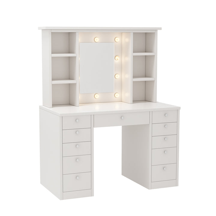 Make up Vanity Desk with LED Lighted Mirror,  11 Drawers, White MDF