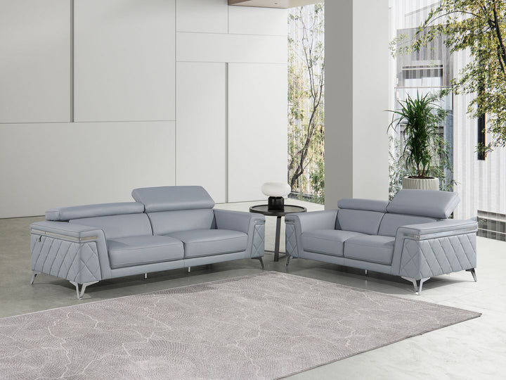 DivanItalia 1140 2-Piece Sofa Set with Adjustable Headrest in Top-Grain Italian Leather - Light Blue