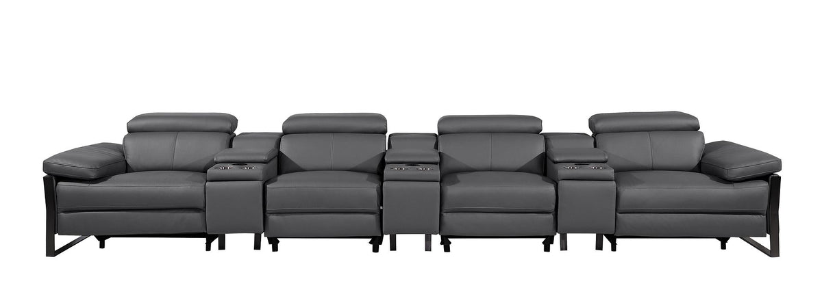 DivanItalia 1246 Modular Power Triple Reclining Triple Console Sofa with Power Reclining Headrests – Top Grain Italian Leather - Dark Gray