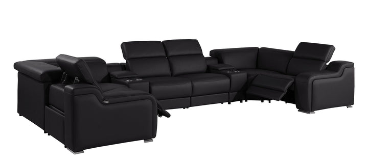 DivanItalia 1116 8-Piece U-Shaped Sectional Sofa in Top Grain Italian Leather with 2 Power Recliners &amp; Power Headrests – with Console - Black