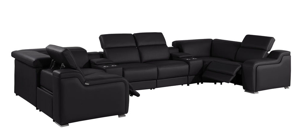 DivanItalia 1116 8-Piece U-Shaped Sectional Sofa in Top Grain Italian Leather with 2 Power Recliners & Power Headrests – with Console - Black