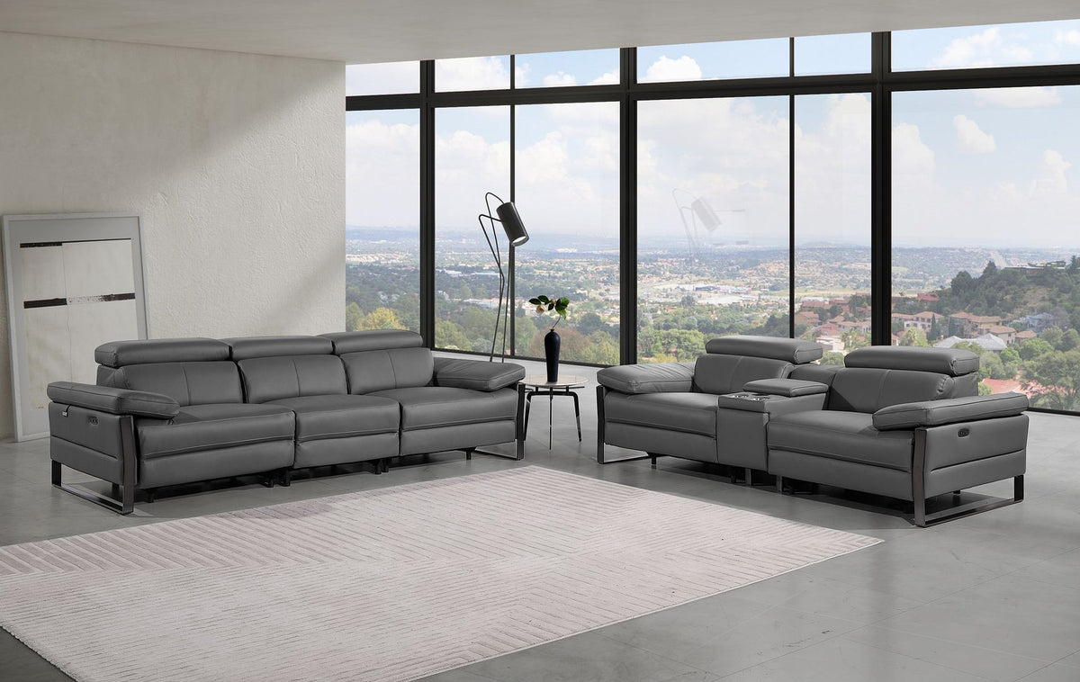 DivanItalia 1246 Modular Power Triple Reclining Sofa and Console Loveseat Set with Power Headrests – Top Grain Italian Leather - Dark Gray