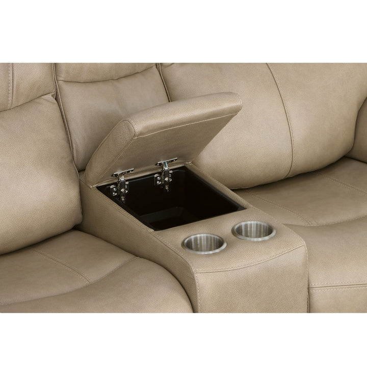 Crew Leather Power Reclining Loveseat with Console, Power Headrests &amp; Lumbar in Pebble