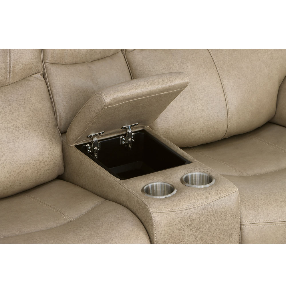 Crew Leather Power Reclining Loveseat with Console, Power Headrests & Lumbar in Pebble